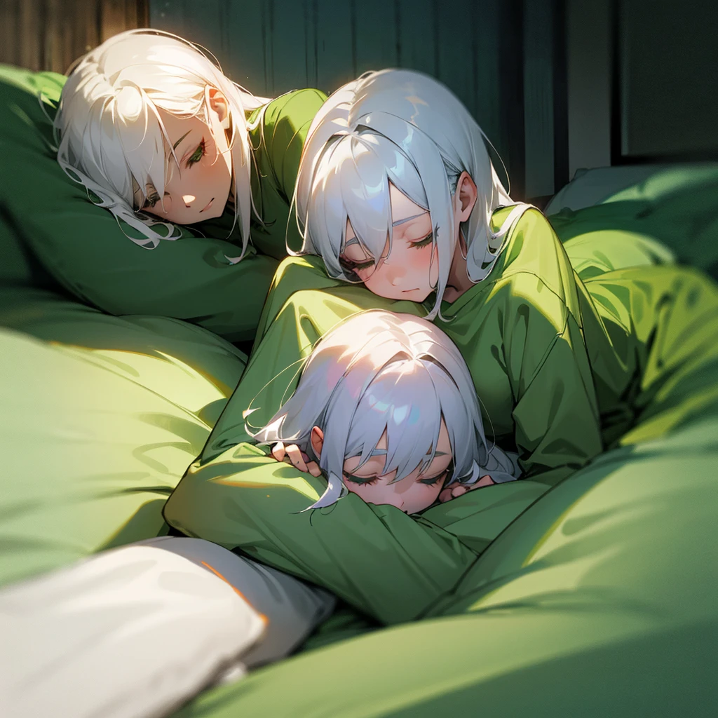Bedroom at night,bed,Fair skin,green pajamas,White Hair,Dozing off,indirect lighting,