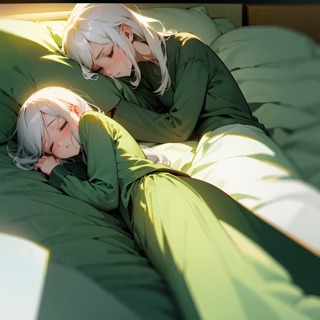 Bedroom at night,bed,Fair skin,green pajamas,White Hair,Dozing off,indirect lighting,