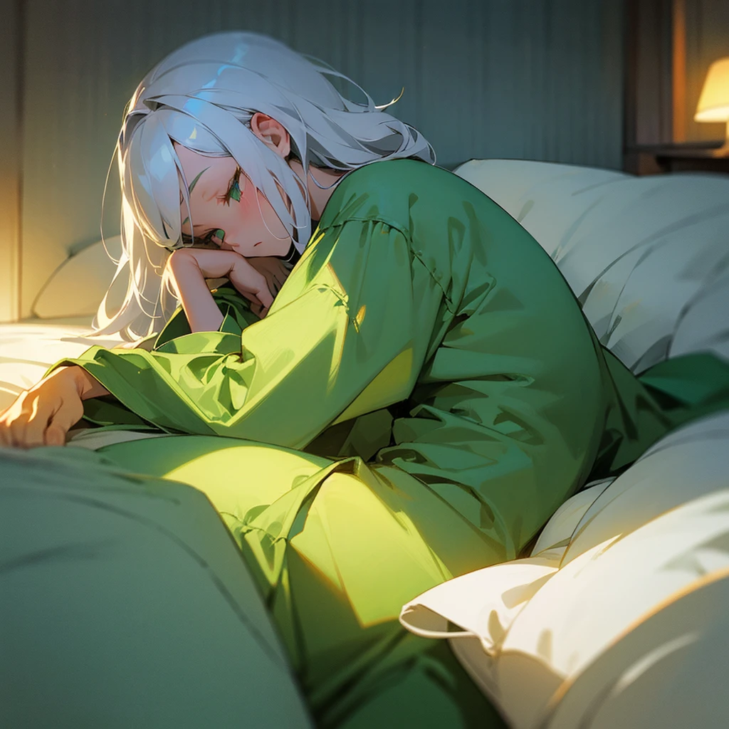 Bedroom at night,bed,Fair skin,green pajamas,White Hair,Dozing off,indirect lighting,