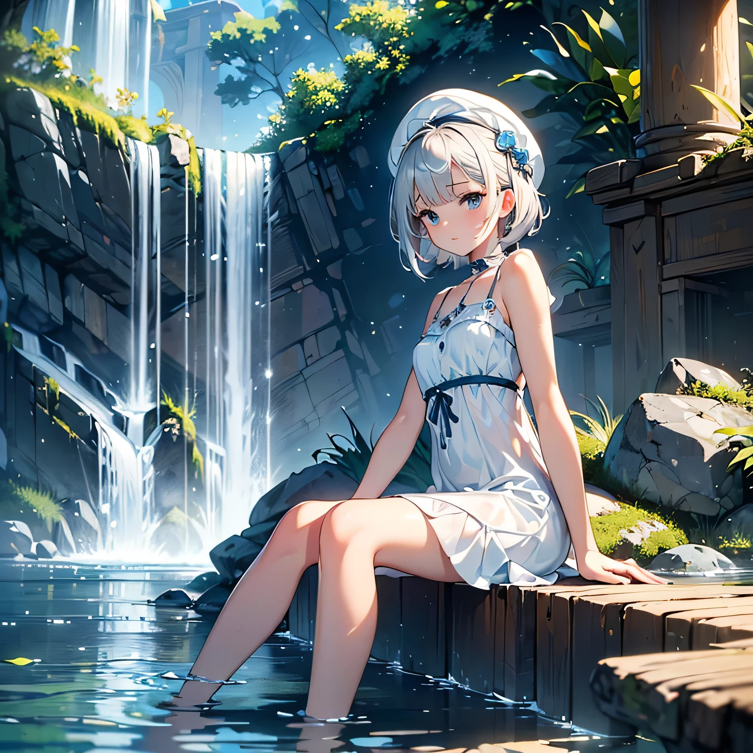 ((masterpiece:1.4, best quality)), ((masterpiece, best quality)),low angle,beautiful pixie cut silver blonde hair,little cute   girl,full body, sitting in the water falls,taking a nap, ((elegant summer mini dress)), white beautiful elegant hat,very cute,cute eyes,cinematic lighting and pause,beautiful natural park
