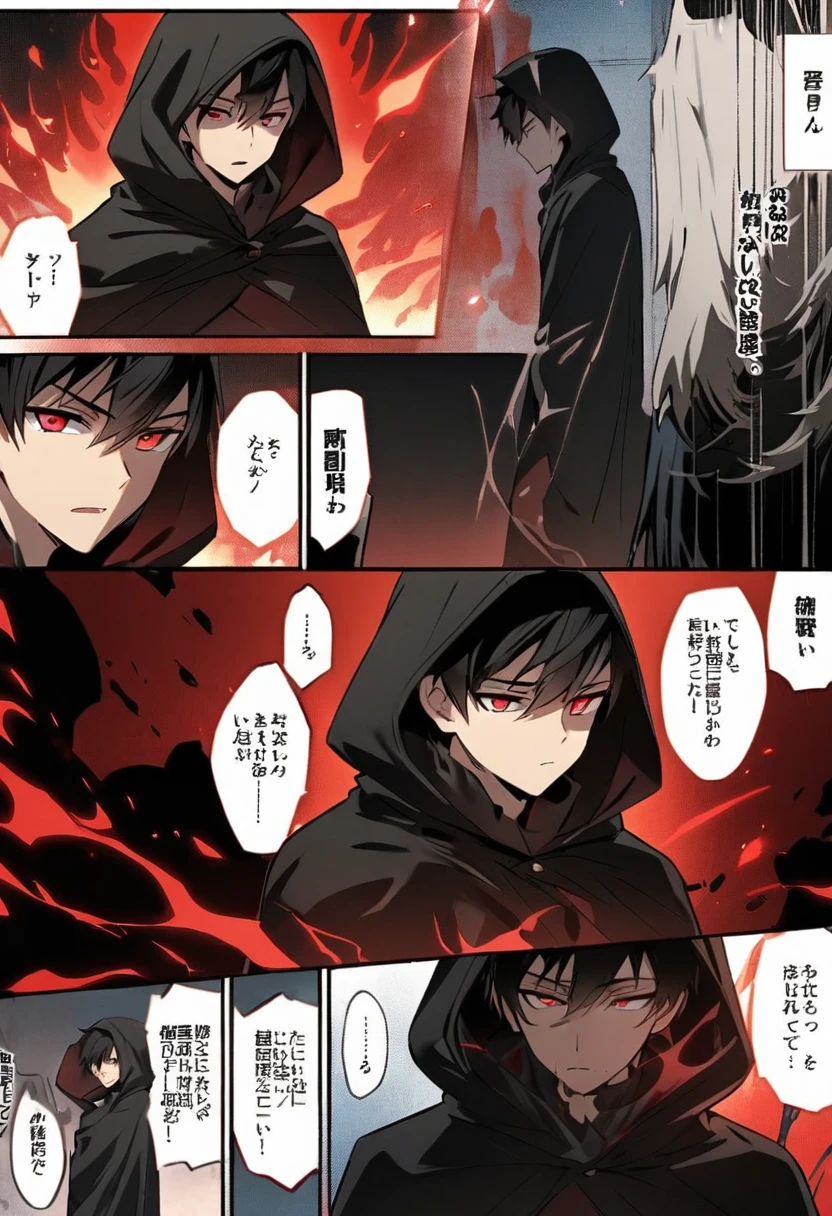 anime comic, a age boy character with black hair, crimson eyes. he wore a black cloak with a hood covering his head. he had a dangerous power, a blood red aura around him.
