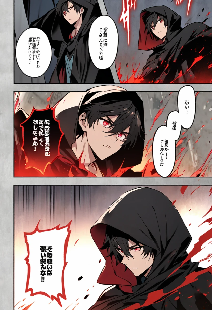 anime comic, a teenage boy character with black hair, crimson eyes. he wore a black cloak with a hood covering his head. he had a dangerous power, a blood red aura around him. he met a black haired man in a black hood too and the man had bright golden eyes.