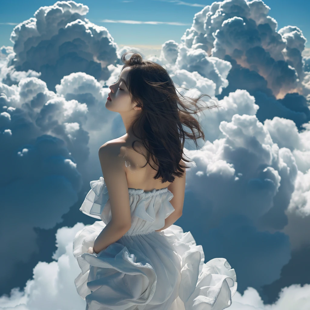 best quality, masterpiece, illustration, realistic, photo-realistic, amazing, finely detail, incredibly absurdres, huge filesize, ultra-detailed, highres, extremely detailed CG unity 8k wallpaper, nsfw, A young Korean girl with an angelic appearance is floating in the sky above the clouds. She is leaning back with her eyes closed, and her long, flowing hair is caught in the wind. She is wearing a simple, white, strapless minidress that accentuates her voluptuous curves.