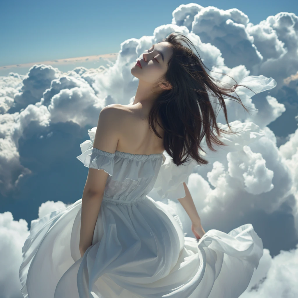 best quality, masterpiece, illustration, realistic, photo-realistic, amazing, finely detail, incredibly absurdres, huge filesize, ultra-detailed, highres, extremely detailed CG unity 8k wallpaper, nsfw, A young Korean girl with an angelic appearance is floating in the sky above the clouds. She is leaning back with her eyes closed, and her long, flowing hair is caught in the wind. She is wearing a simple, white, strapless minidress that accentuates her voluptuous curves.