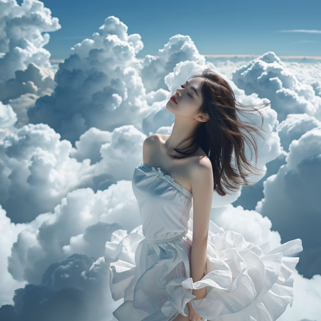 best quality, masterpiece, illustration, realistic, photo-realistic, amazing, finely detail, incredibly absurdres, huge filesize, ultra-detailed, highres, extremely detailed CG unity 8k wallpaper, nsfw, A young Korean girl with an angelic appearance is floating in the sky above the clouds. She is leaning back with her eyes closed, and her long, flowing hair is caught in the wind. She is wearing a simple, white, strapless minidress that accentuates her voluptuous curves.