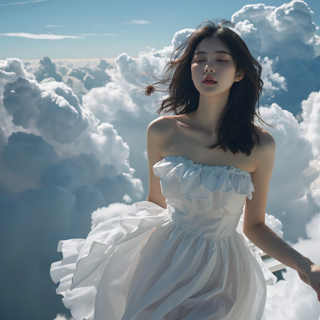 best quality, masterpiece, illustration, realistic, photo-realistic, amazing, finely detail, incredibly absurdres, huge filesize, ultra-detailed, highres, extremely detailed CG unity 8k wallpaper, nsfw, A young Korean girl with an angelic appearance is floating in the sky above the clouds. She is leaning back with her eyes closed, and her long, flowing hair is caught in the wind. She is wearing a simple, white, strapless minidress that accentuates her voluptuous curves.