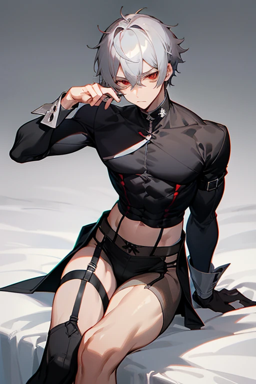 male、Gray Hair、Gray Hair、short hair、Red Eye、冷血なmale、good looking、Cold Face、Well-formed face、Well-built、Hard look、sexy、sexyな服装、Belly out、Knee Up、garter belt、Expressionless、Naughty face、