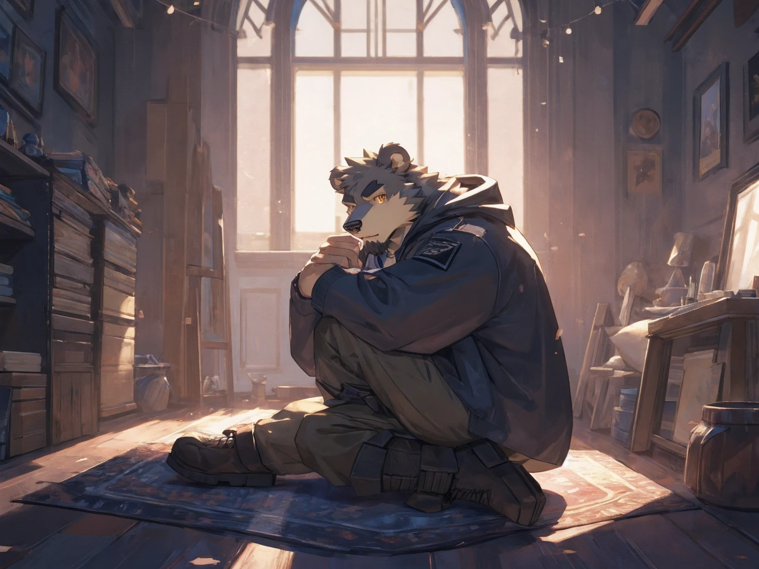 (masterpiece:1.2), best quality,pixiv,official art,perfect anatomy, (Ray tracing, light),solo, (1_male:1.3) , (muscle), (grey fur:1.4), (muscle bear), (beard:1.2), (gleaming golden eyes), bear tail, Thick black eyebrows, (open hooded parka) , (naked inside:1.2), cargo pants, (boots:1.2),  indoor , fur carpet , cushion , （wearing ring on finger: 1.3）