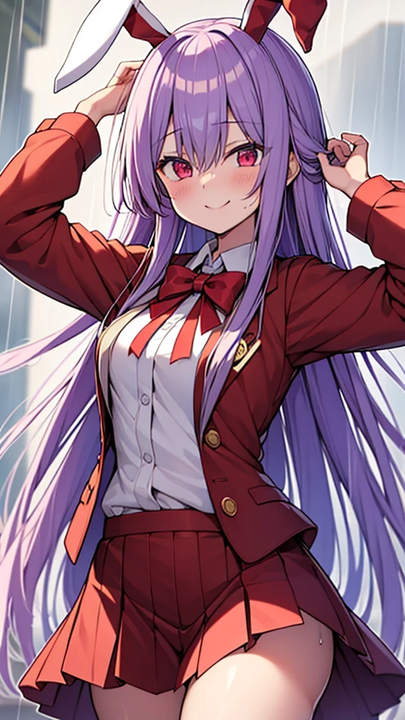 reisen₋udongein₋inaba Light purple long hair Red eyes Red jacket Red blazer White rabbit ears White tie White skirt Smiling Wet in the rain Top quality Masterpiece