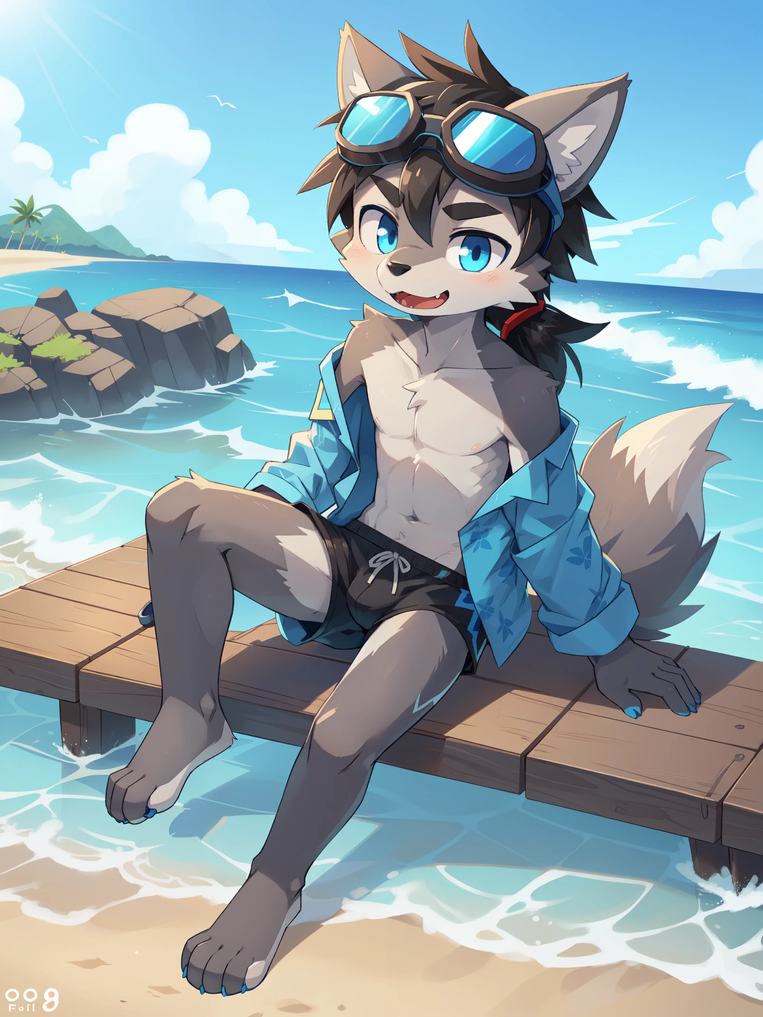 Furry shota, wolf, black hair, long spiky ponytail, blue eyes, detailed body fur, ((goggles, blue hawaiian shirt, open clothes, one shoulder off, black swim trunks)), looking at another, fangs, clear grey body fur, detailed face, big eyebrows, detailed eyes, detailed body, detailed body fur, detailed hands, glistering body, shiny body, skinny, full body, feets with three toes, 3 toes, solo, beach, score_9,score_8_up,score_7_up, source_cartoon, source_furry, sitting, :3, glowing blue eyes, from above, motion blur, Birds Eye view,