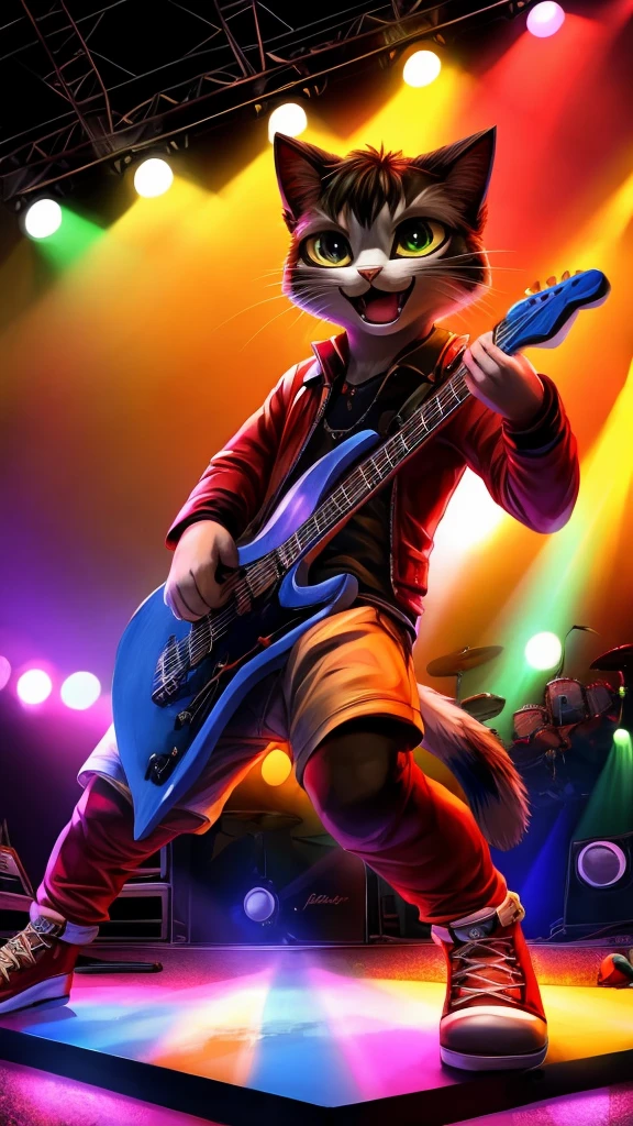 “Create a high-resolution, detailed image of a rock guitarist cat. The cat should have a cute and unique style, holding a guitar pick and playing an electric guitar. The scene is a lively concert with a large, enthusiastic audience in the background. The stage is illuminated with colorful lights, and the cat is in the spotlight, embodying the charisma and energy of a rock star.”