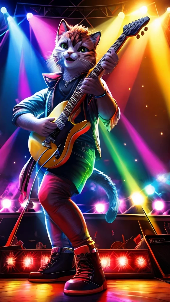 “Create a high-resolution, detailed image of a rock guitarist cat. The cat should have a cute and unique style, holding a guitar pick and playing an electric guitar. The scene is a lively concert with a large, enthusiastic audience in the background. The stage is illuminated with colorful lights, and the cat is in the spotlight, embodying the charisma and energy of a rock star.”