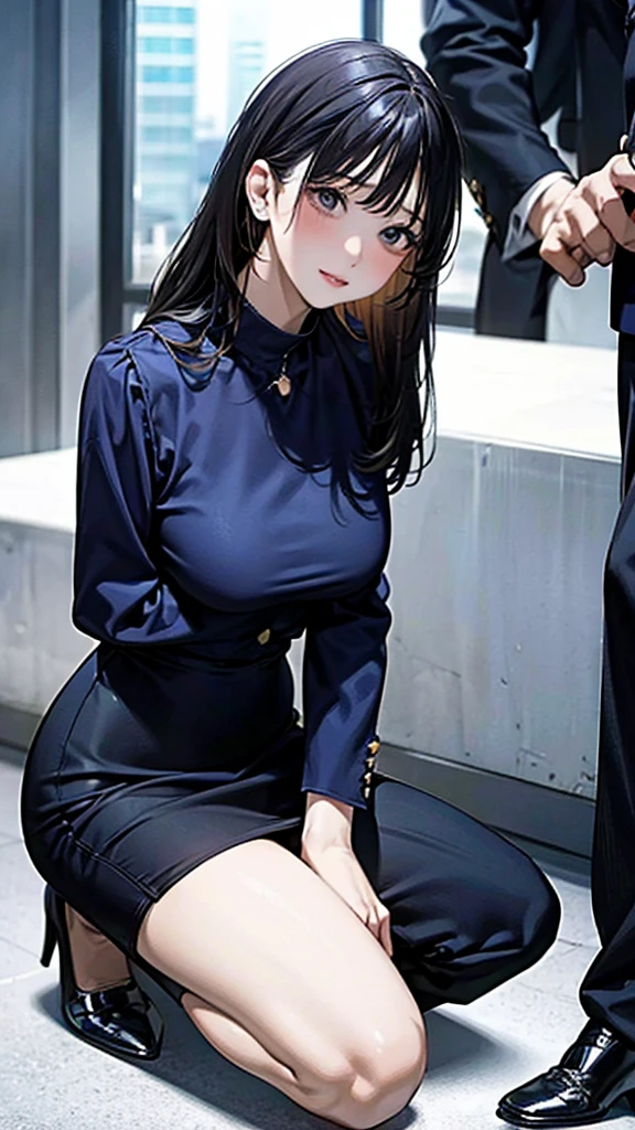Blowjob、Office lady、Tailored Suits、Pencil Skirt、High heels、Lower body of man in front of female face、A woman is sitting sideways、On my knees、Kneeling posture、