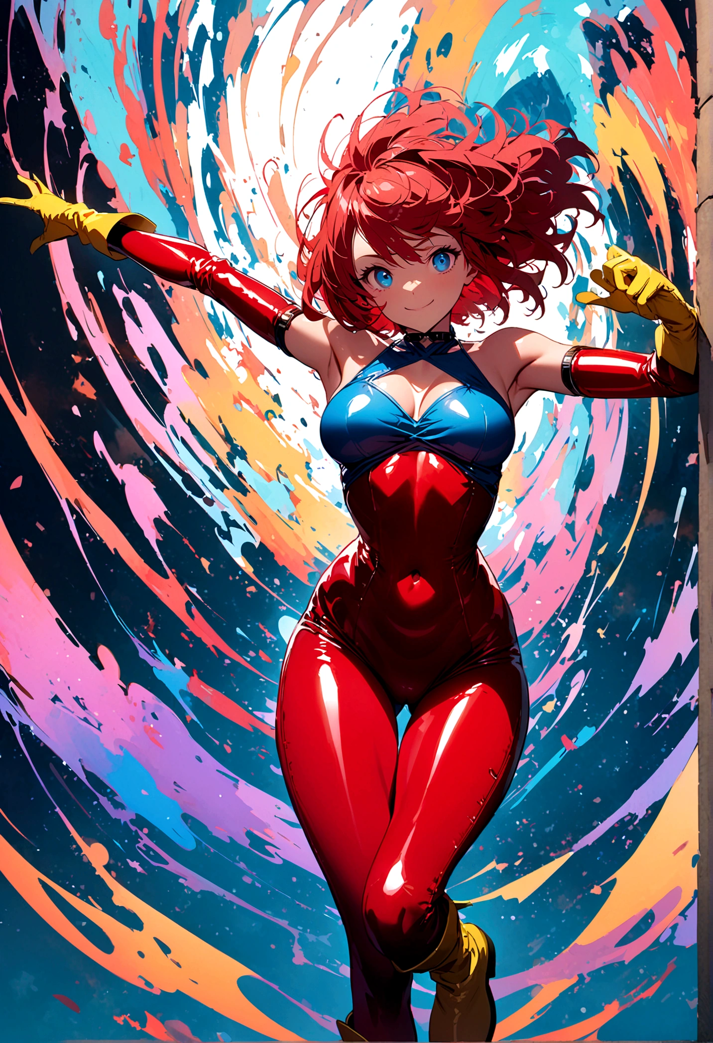 ((Masterpiece, top quality, high resolution)), ((highly detailed CG unified 8K wallpaper)), (huge stunning goddess shot, very hot and sexy, jaw-dropping beauty, perfect proportions, beautiful body, slim body beauty:1.1), 1 woman, anime girl, cutie honey, ((Red hair, short hair repelled to the outside, big eyes, Detailed face and eyes, staring at camera:1.3)), ((Blue and red tight suits, Detailed latex suit, glossy, blue tops, Red from belly to legs, Detailed, midrift top, cleavage cutout, cleavage, skin tight, halter neck, sleeveless, bare shoulders, bare back, covered navel, choker with heart symbol, yellow gloves, elbow gloves, yellow boots, long boots, armlet:1.5)), the cloth is exploding, hands on hips, feet spread apart, smile, Dynamic poses, exploding backgrounds,