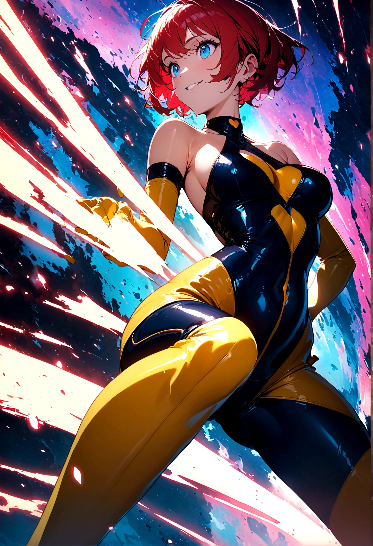 ((Masterpiece, top quality, high resolution)), ((highly detailed CG unified 8K wallpaper)), (huge stunning goddess shot, very hot and sexy, jaw-dropping beauty, perfect proportions, beautiful body, slim body beauty:1.1), 1 woman, anime girl, cutie honey, ((Red hair, short hair repelled to the outside, big eyes, Detailed face and eyes, staring at camera:1.3)), ((Blue and red tight suits, Detailed latex suit, glossy, blue tops, Red from belly to legs, Detailed, midrift top, cleavage cutout, cleavage, skin tight, halter neck, sleeveless, bare shoulders, bare back, covered navel, choker with heart symbol, yellow gloves, elbow gloves, yellow boots, long boots, armlet:1.5)), the cloth is exploding, hands on hips, feet spread apart, smile, Dynamic poses, exploding backgrounds,