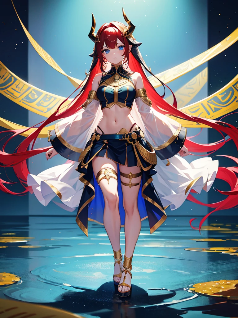 1 girl, long red hair, twin tail, black horns with white veil hair ornament, galaxy blue eyes, egyptian outfit with combination of colors white, blue and gold, gold accessories on her legs, strapped high heel sandals, exposed stomach, standing in a pond of clear water in the middle of dessert, dip toes, absurdness, high res, ultrasharp, 8k, masterpiece, looking at viewer