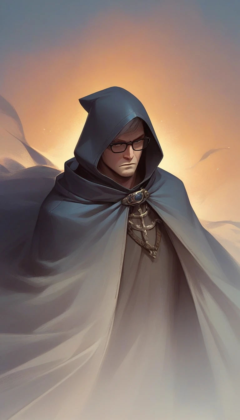Create an illustration of a mysterious figure wearing a cloak with a hood that partially covers their face. The cloak is primarily light gray with a blue inner lining. The figure has a serious expression and is wearing dark glasses. The background should be a simple, muted gradient to keep the focus on the character. Ensure the style is realistic with detailed shading to emphasize the folds of the cloak and the texture of the fabric