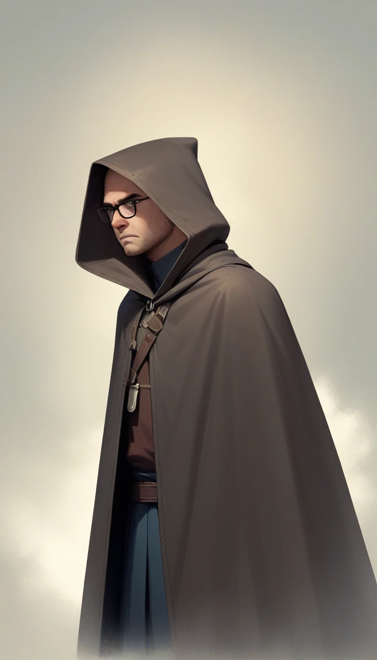 Create an illustration of a mysterious figure wearing a cloak with a hood that partially covers their face. The cloak is primarily light gray with a blue inner lining. The figure has a serious expression and is wearing dark glasses. The background should be a simple, muted gradient to keep the focus on the character. Ensure the style is realistic with detailed shading to emphasize the folds of the cloak and the texture of the fabric