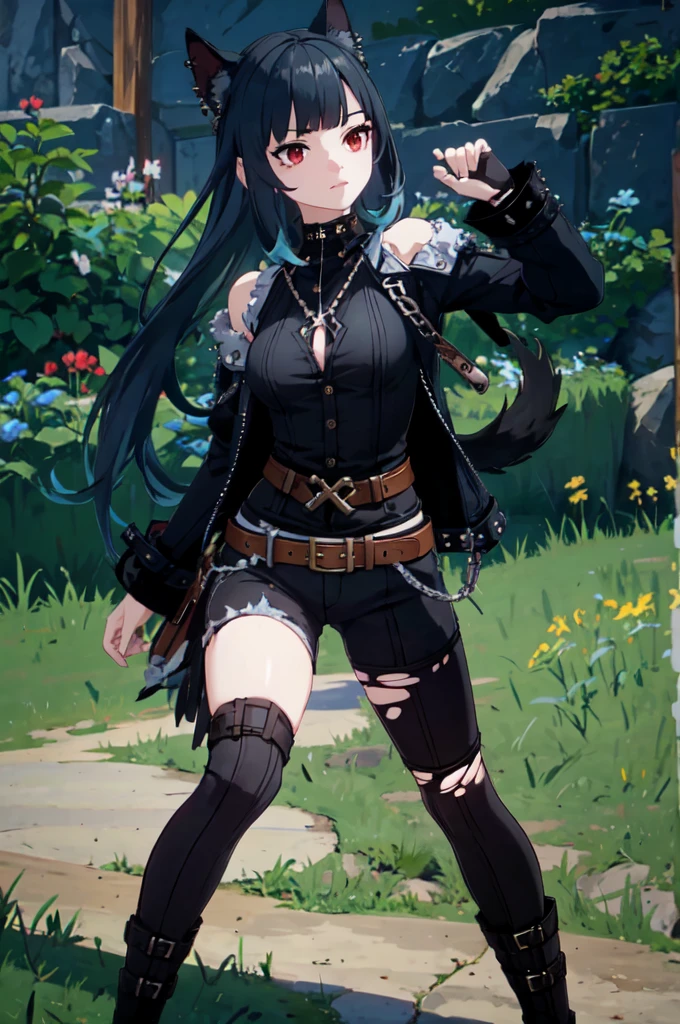 ultra detailed, masterpiece, best quality, solo, 1girl, red eyes, (tsurime:1.2), blunt bangs, white hair, long hair, straight hair, shoulder-length hair, female focus, coat, shirt, pants, studded belt, multiple belts, combat boots, torn clothes, necklace, black coat, black and red theme, big collar, puppy ears, dog tail, white color hair