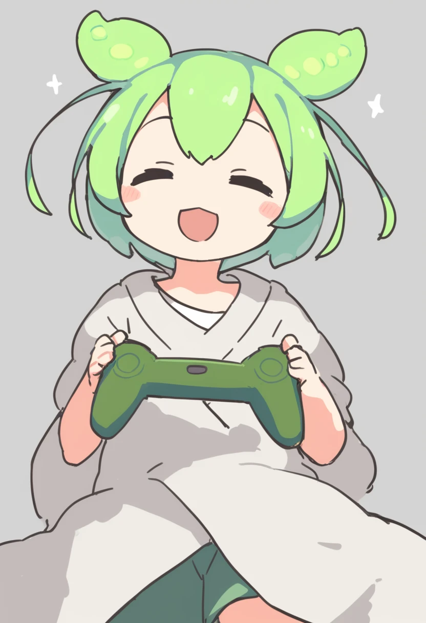 One girl,Zundamon,Voice Box ,Green Hair, smile,Simple white background、No text,Playing games