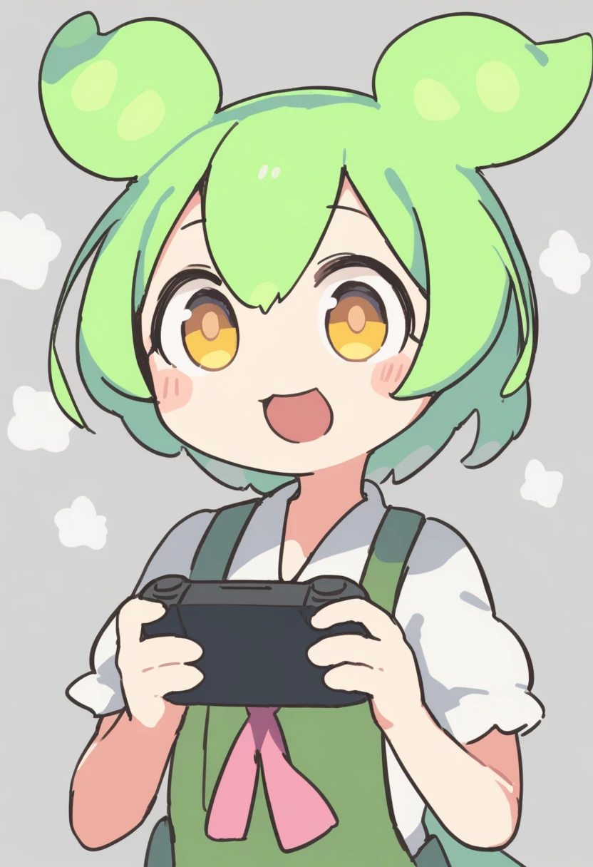 One girl,Zundamon,Voice Box ,Green Hair, smile,Simple white background、No text,Playing games