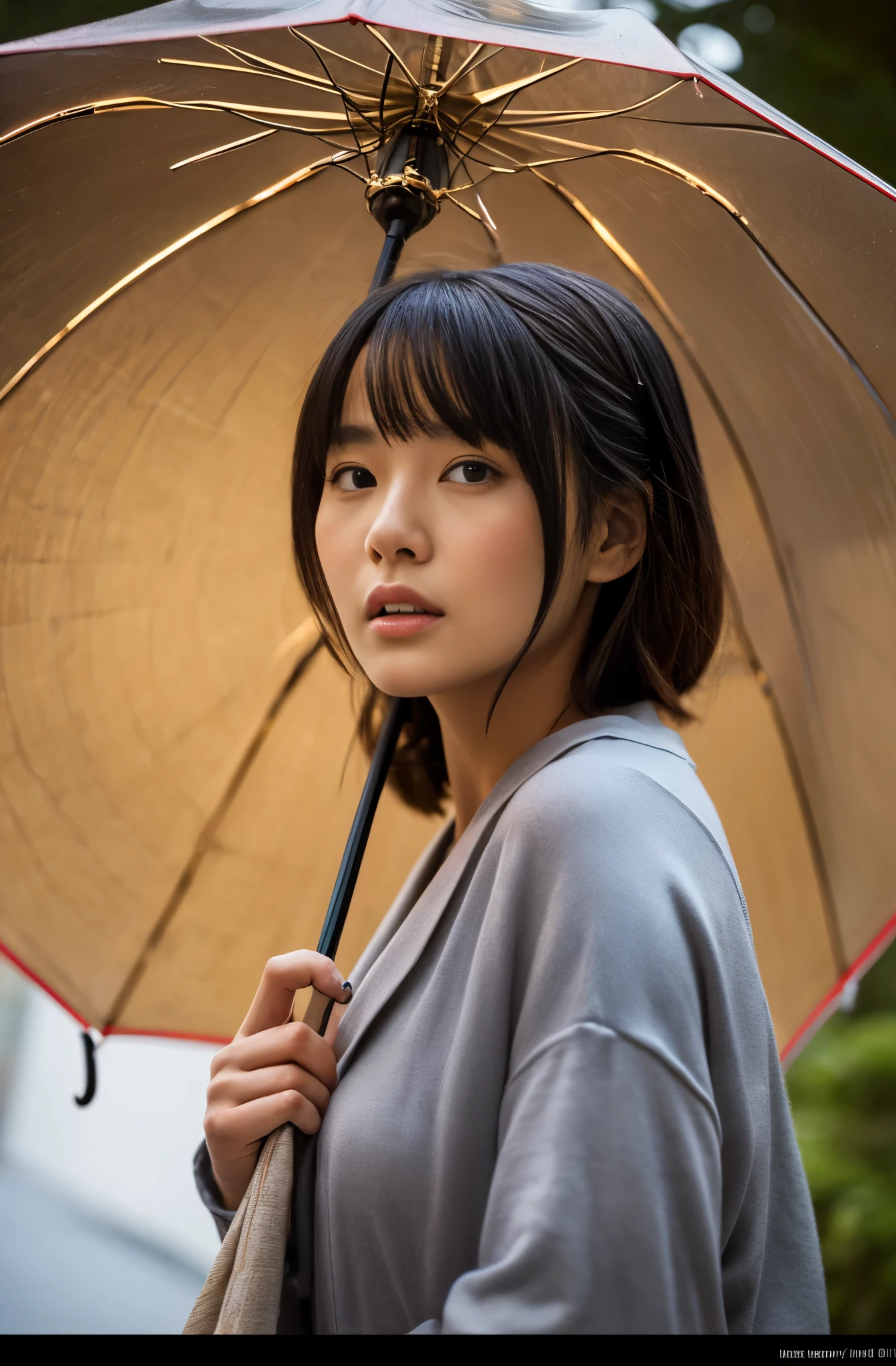 a young Japanese lady in kimonos posing for an elegant umbrella, in the style of liam sharp, 32k uhd, webcam, iPhone RAW quality photography, brightened colors, nature in theme, eve ventrue, smooth and curved lines, mid body shot, intensity but pleasent in facial expression. Avant-garde, lines and structure in background.