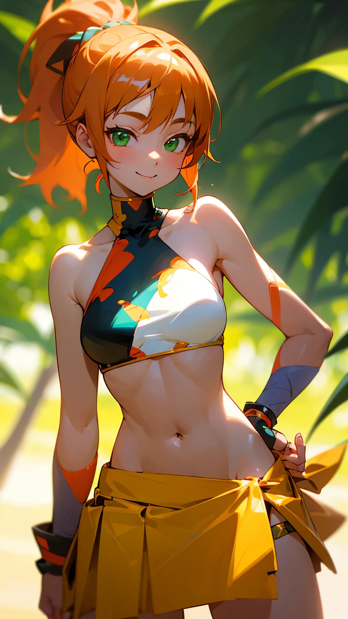 1 Girl、8K、Sharp focus、(Bokeh) (Highest quality) (Detailed skin:1.3) (Intricate details) (anime)、Orange Hair、ponytail、Green Eyes、18-year-old、(Please put your hands on your hips)、chest、Slim figure、bikini、A pareo skirt with bold ethnic patterns and plenty of primary colors、Realistic Skin、Shiny skin, Sunburned skin、Cowboy Shot、Side body、smile、smile、Park in the background、Soft lighting