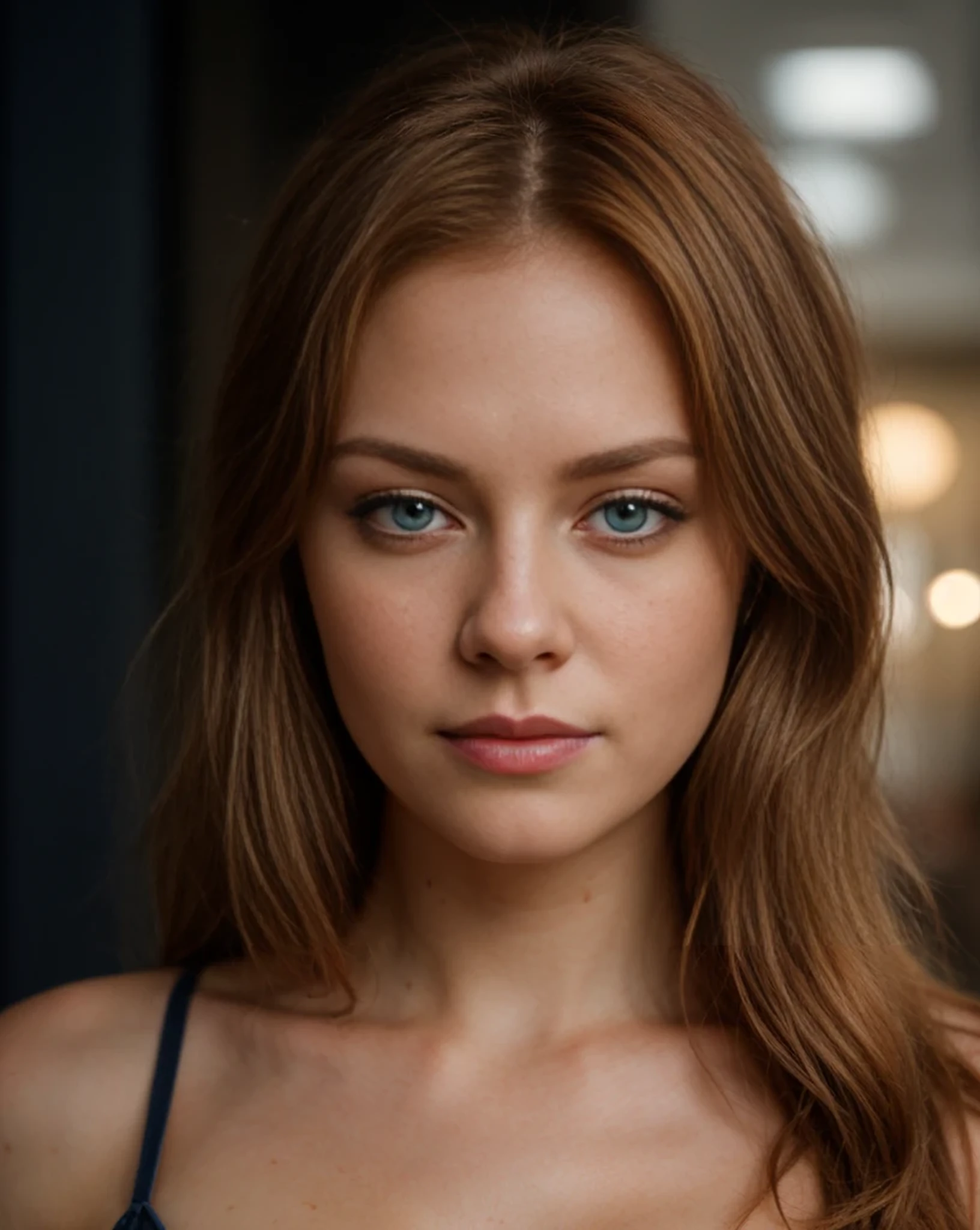 RAW photo, subject, 8k uhd, dslr, soft lighting, high quality, film grain, Fujifilm XT3, A Masterpiece, real life photo, of a seductive english woman ((with Shiny ginger hair and beautiful blue eyes)), ((detailed hair and skin texture)), wearing a seductive outfit.