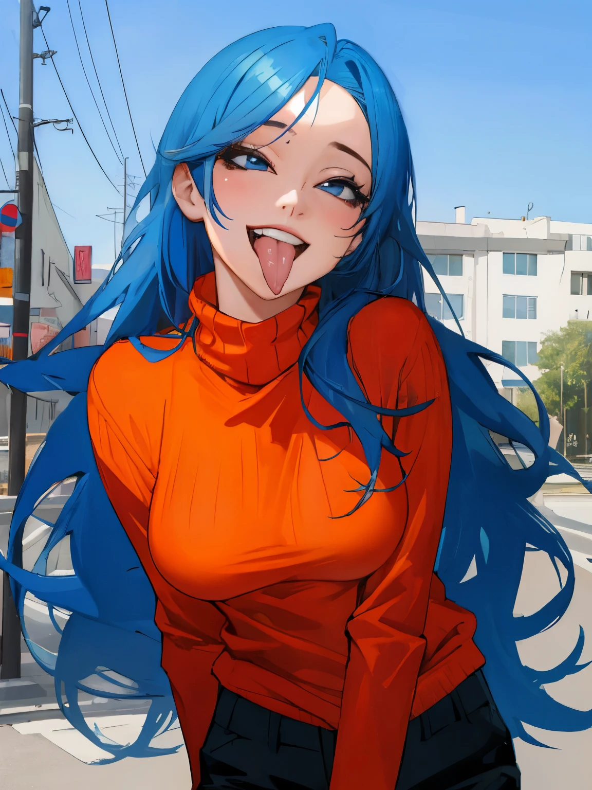 masterpiece, best quality,realistic,absurdres,1girl, bright blue hair, orange jumper, black pants, outdoors, long hair, breasts, grin, tongue, ahg, ahegao, skinny,