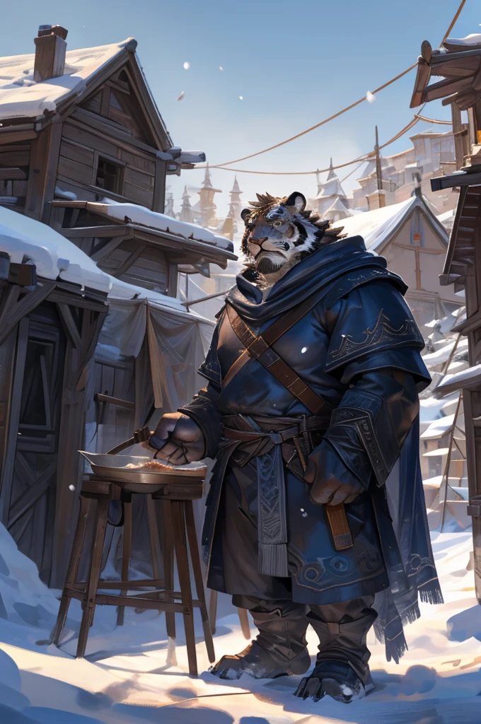 By Taran Fiddler, One man, furry, anthropomorphic snow tiger, mature male, dilf, older male, muscular, handsome face, white and black fur, stern face, medieval clothing, wearing light brown cloak, wearing satchel, standing up, arms crossed, cooking pot nearby, snow background, tent settlement background, silhouettes in background
