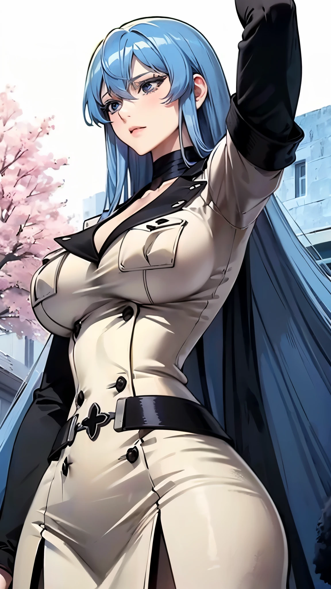 Esdeath, a tall and powerful female general with long blue hair, dressed in a white military uniform with black accents