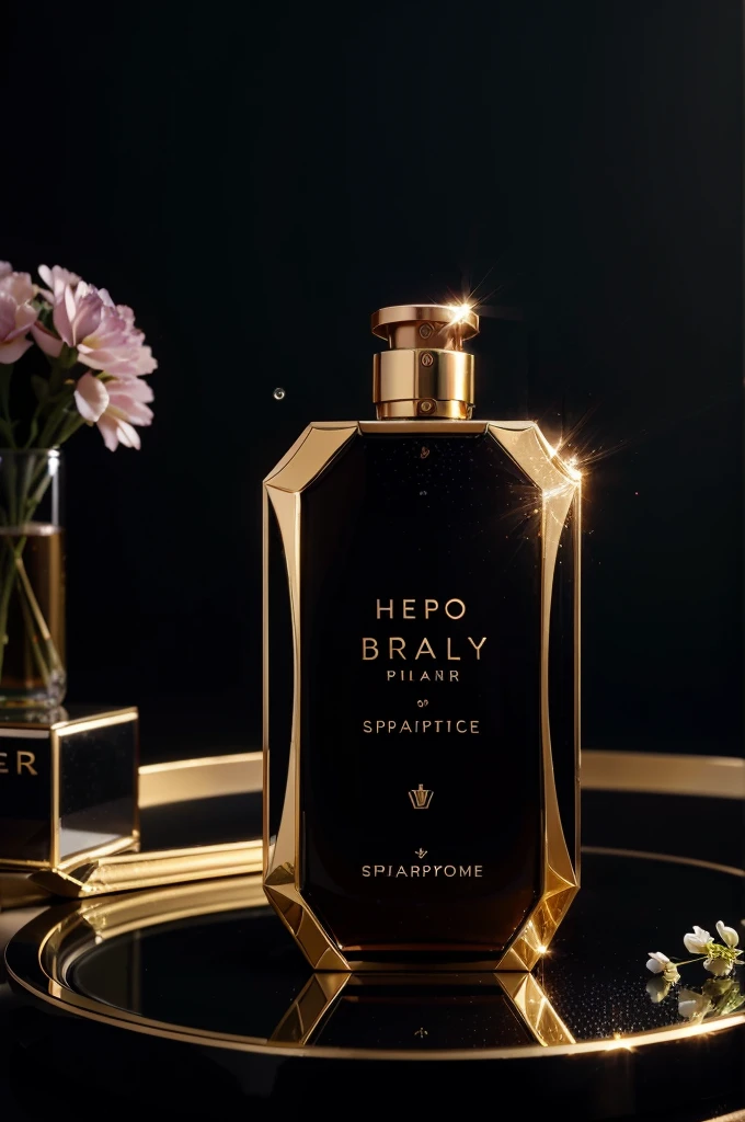 a 4K and super HD luxury perfume with an elegant glass bottle, sparkling and looks luxurious, the sprayer has a futuristic shape, there are diamonds and is luxurious, the perfume is very stunning and never imagined The background contains luxurious flowers, sparkling clean