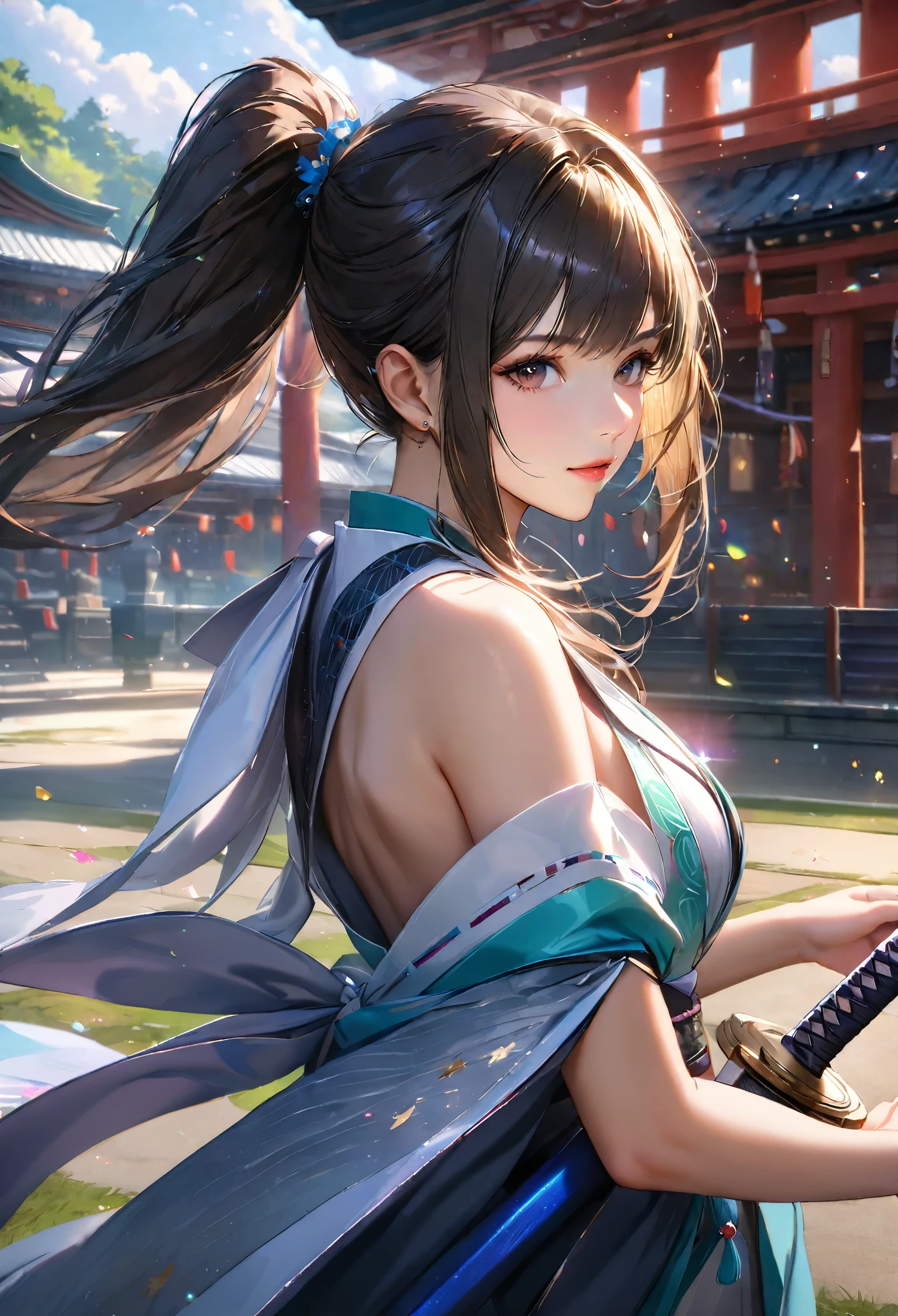 Shrine grounds, Clear sky with white clouds, Shrine maiden, Blur the background,young woman,ponytail,Holding a Japanese sword,Glitter effect,Highest quality, 8K, High resolution, masterpiece:1.2, Very detailed, Realistic:1.37, High resolution, 超High resolution, Ultra-fine painting, Very detailed, Professional, Vibrant colors