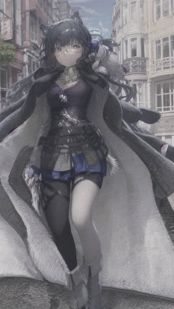 Japanese high school girl, standing on the sidewalk, posing with two fingers in both hands, distant view, pink hair, pink eyes, long hairstyle, wearing a white mask, wearing a blue cap, wearing glasses with transparent lenses. , blue rims, raw footage, 4k resolution, white gloves, long blue skirt down to the knee, white socks up to the knee, blue-white sneakers, street and city background, random cars Position, random color of car, morning, bright blue sky, bright white clouds in random position, cute anime girl.