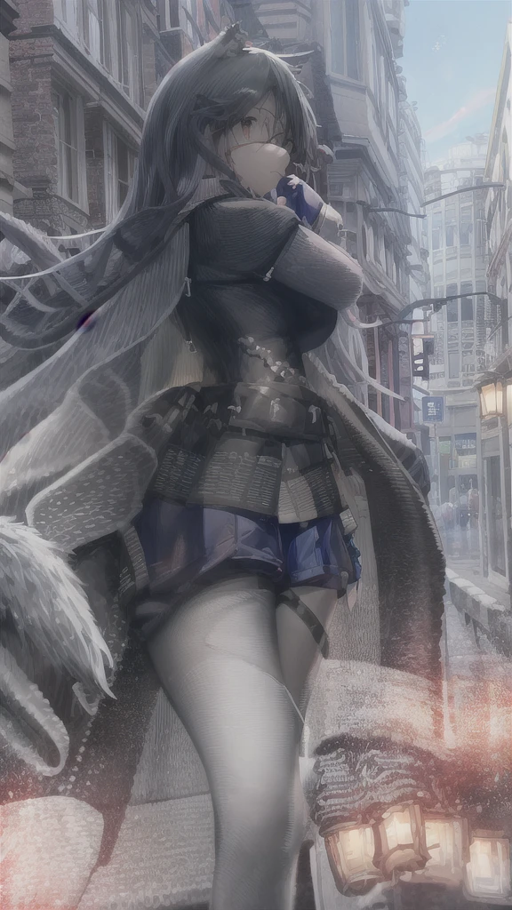 Japanese high school girl, standing on the sidewalk, posing with two fingers in both hands, distant view, pink hair, pink eyes, long hairstyle, wearing a white mask, wearing a blue cap, wearing glasses with transparent lenses. , blue rims, raw footage, 4k resolution, white gloves, long blue skirt down to the knee, white socks up to the knee, blue-white sneakers, street and city background, random cars Position, random color of car, morning, bright blue sky, bright white clouds in random position, cute anime girl.