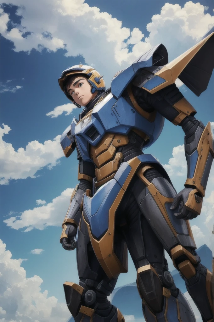 (best qualityer, work of art), 1 young boy, Mechaarmor  , sky background, 