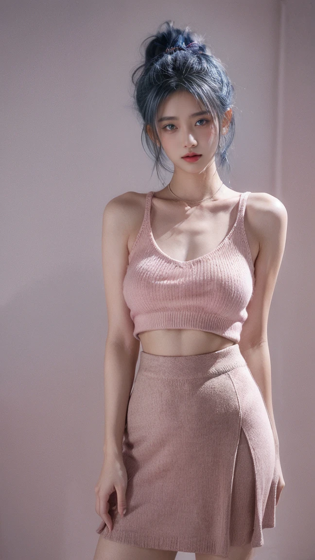 21yo girl,blue hair,ponytail hair,(wearing pink Midi Skirt Plisket),(Midi Skirt Plisket),(knit),(knit skirt), knit skirt, natural medium breast, plump body,single sidelock hairpin blush modern cinematic lighting,ray tracing,drop shadow wide shot UHD,textured skin,high details,best quality 4K
