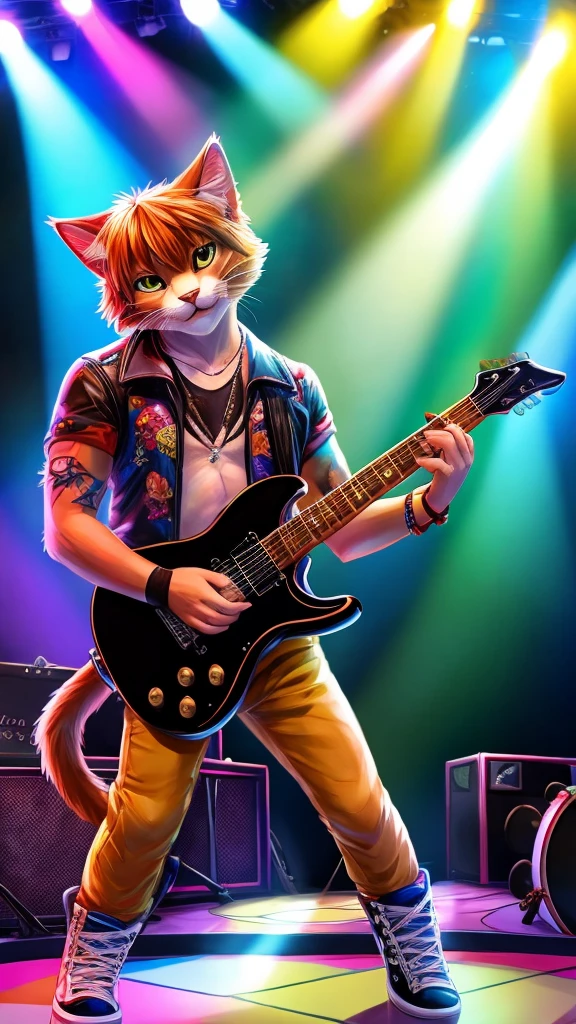 “Create a high-resolution, detailed image of a rock guitarist cat. The cat should have a cute and unique style, holding a guitar pick and playing an electric guitar. The scene is a lively concert with a large, enthusiastic audience in the background. The stage is illuminated with colorful lights, and the cat is in the spotlight, embodying the charisma and energy of a rock star.”