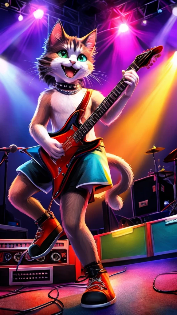 “Create a high-resolution, detailed image of a rock guitarist cat. The cat should have a cute and unique style, holding a guitar pick and playing an electric guitar. The scene is a lively concert with a large, enthusiastic audience in the background. The stage is illuminated with colorful lights, and the cat is in the spotlight, embodying the charisma and energy of a rock star.”