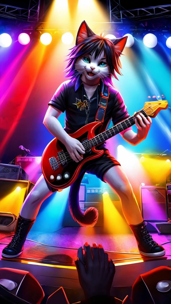 “Create a high-resolution, detailed image of a rock guitarist cat. The cat should have a cute and unique style, holding a guitar pick and playing an electric guitar. The scene is a lively concert with a large, enthusiastic audience in the background. The stage is illuminated with colorful lights, and the cat is in the spotlight, embodying the charisma and energy of a rock star.”