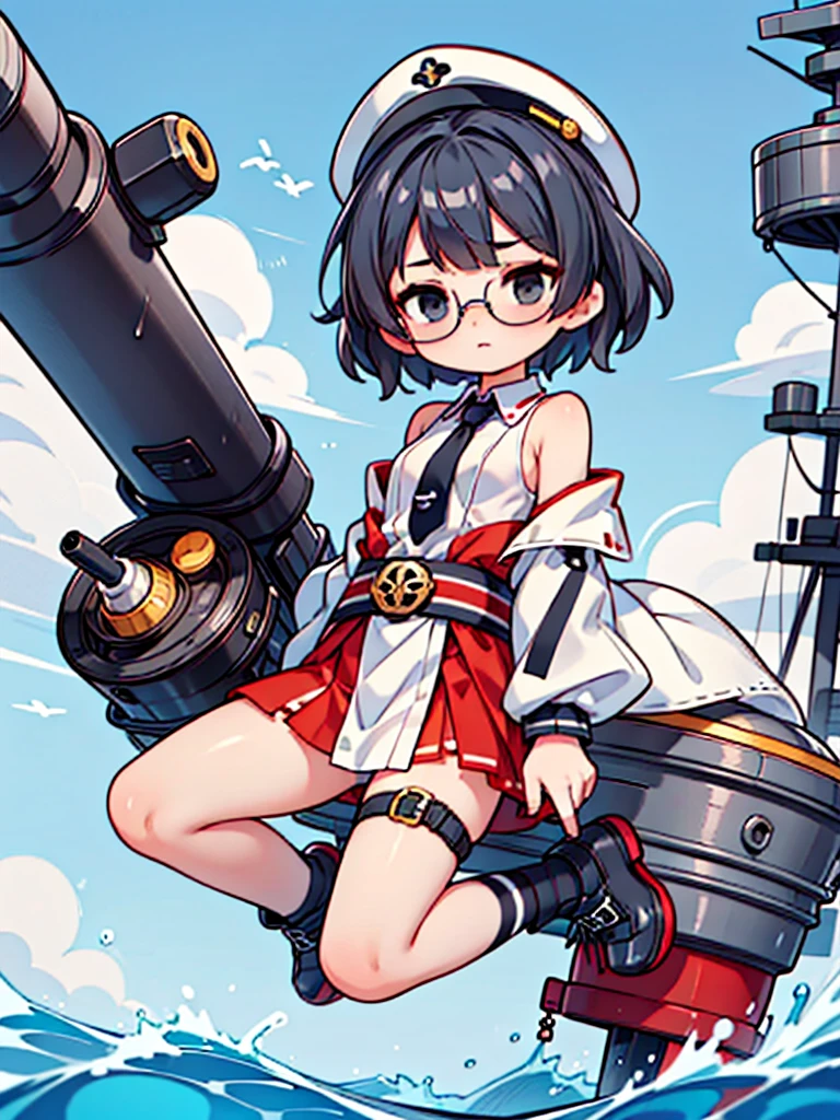 ((((Full body of a woman with perfect flat chest、solo、Short unkempt black hair、Tie your messy hair at the nape of your neck、white military jacket、Miko costume、tights、Black glasses、White military cap、Cloudy black eyes、Sleepy expression、Falcon Hair Accessories、Eagle hair accessory)))), (((masterpiece))), (((Shipgirl))), ((Floating on the morning sea with both feet)), (Spread your legs wide open), (Hold the turret with your right hand), (Mechanical arms extending from the waist are used to equip the ship with battleship equipment.), (Equipped with a turret on the back), (Holds the turret with his left arm), Shotgun shells are attached to the thigh with a belt, Spreading the Machine's Wings, Machine tail, shotgun,