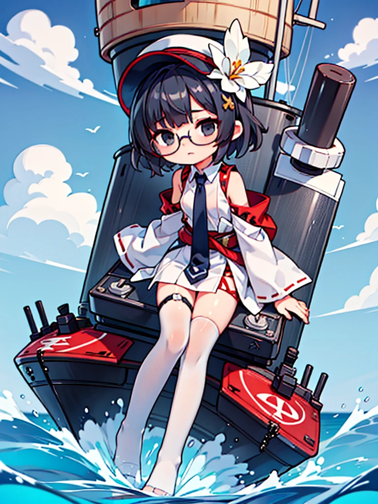 ((((Full body of a woman with perfect flat chest、solo、Short unkempt black hair、Tie your messy hair at the nape of your neck、white military jacket、Miko costume、tights、Black glasses、White military cap、Cloudy black eyes、Sleepy expression、Falcon Hair Accessories、Eagle hair accessory)))), (((masterpiece))), (((Shipgirl))), ((Floating on the morning sea with both feet)), (Spread your legs wide open), (Hold the turret with your right hand), (Mechanical arms extending from the waist are used to equip the ship with battleship equipment.), (Equipped with a turret on the back), (Holds the turret with his left arm), Shotgun shells are attached to the thigh with a belt, Spreading the Machine&#39;s Wings, Machine tail,  shotgun, 
