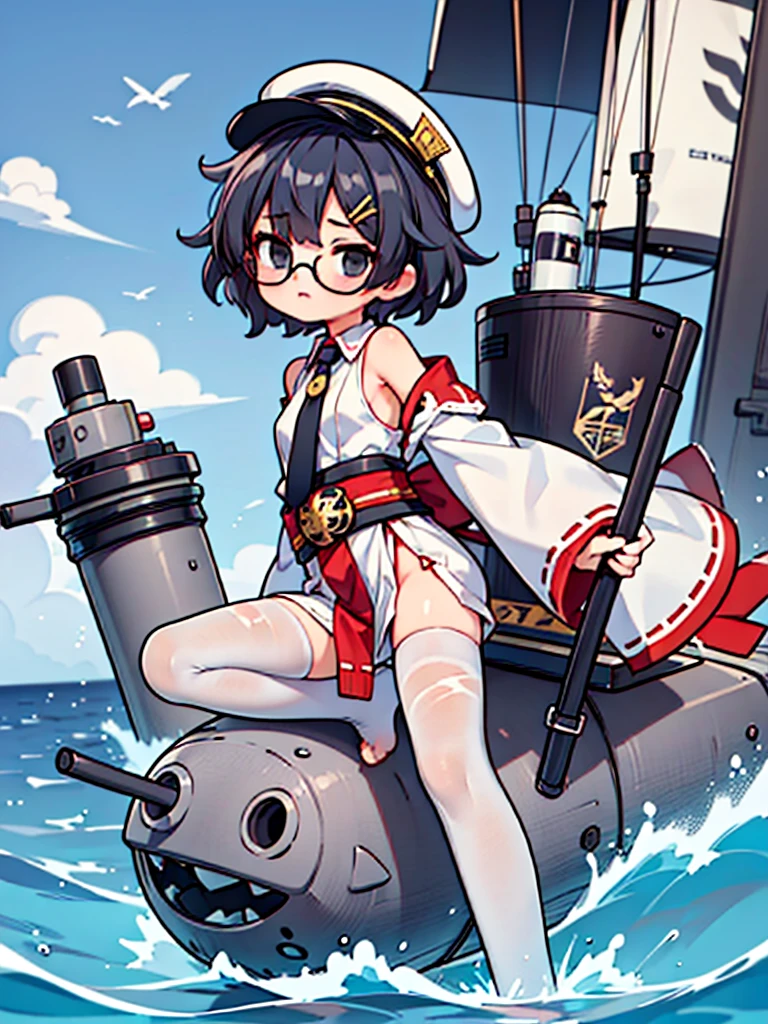 ((((Full body of a woman with perfect flat chest、solo、Short unkempt black hair、Tie your messy hair at the nape of your neck、white military jacket、Miko costume、tights、Black glasses、White military cap、Cloudy black eyes、Sleepy expression、Falcon Hair Accessories、Eagle hair accessory)))), (((masterpiece))), (((Shipgirl))), ((Floating on the morning sea with both feet)), (Spread your legs wide open), (Hold the turret with your right hand), (Mechanical arms extending from the waist are used to equip the ship with battleship equipment.), (Equipped with a turret on the back), (Holds the turret with his left arm), Shotgun shells are attached to the thigh with a belt, Spreading the Machine's Wings, Machine tail, shotgun,