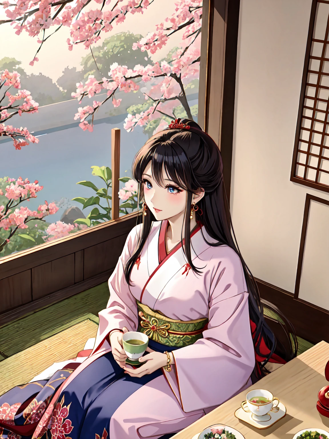 An elegant gyaru girl from the early 2010s, featured in a Japanese cultural magazine, waking up in the morning with sleek, raven-black hair with red highlights, clear and bright eyes with a hint of eyeliner, naturally arched eyebrows, porcelain skin with a soft glow, wearing a traditional silk kimono with intricate floral patterns, small pearl earrings, a delicate bracelet, sitting on a futon surrounded by neatly stacked books and a tea set, enjoying a cup of matcha tea, in a serene, traditionally decorated room with sliding shoji screens and a view of a zen garden, reflecting her deep appreciation for Japanese culture.