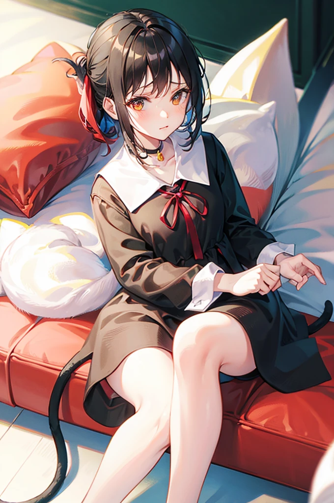 エロいcat&#39;sコスプレ、Small breasts、、Cat ear、cat cosplay、Small breasts、、On all fours、Cute underwear、Embarrassed、Black Hair、Red ribbon、Small breasts、Red eyes、White bra、White panties、Lie down on the bed、Blushing、cat&#39;s
