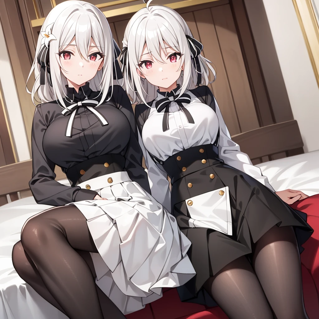 {{{masterpiece}}}, {{{best quality}}}, {{ultra-detailed}}, {illustration}, {{an extremely delicate and beautiful}}, 8k, nsfw, Lily(SPY ROOM), lily_olis, perfect face, thighs, breasts, white hair, hair between eyes, hair ribbon, red eyes, (black shirt:1.3), high-waist skirt, skirt, black skirt, manga larga, bowtie, black ribbon, neck ribbon, striped bow, black and white bow, pantyhose