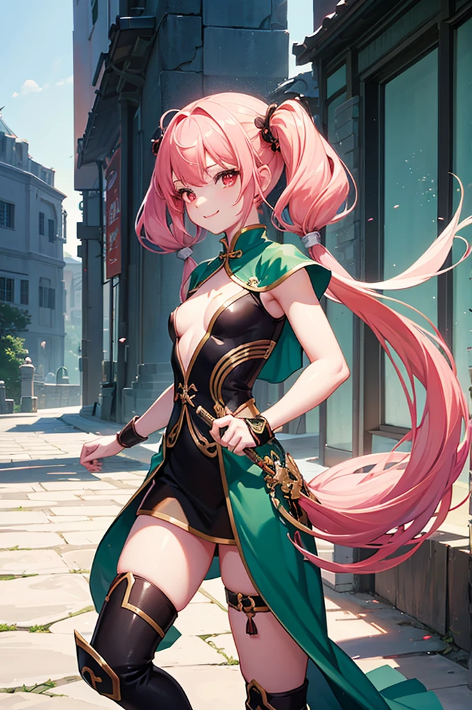 Perfect human body modeling, 1girl, small breasts, beautiful girl, cute girl and idol face, young face, smile, Beautiful long pink hair, twintails, Beautiful shining red eyes, white skin, Short body, Western-style fantasy, RPG, martial artist, dark green Chinese Combat Uniform,