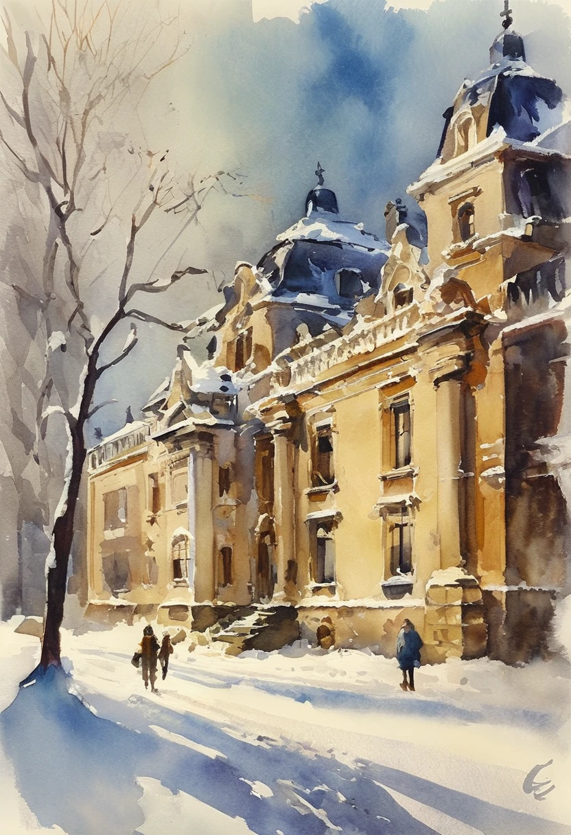 (Watercolor painting in Sargent style)、(best quality、masterpiece) Winter sunlight and snow , Old building, Elegant and old-fashioned , A bit worse ,