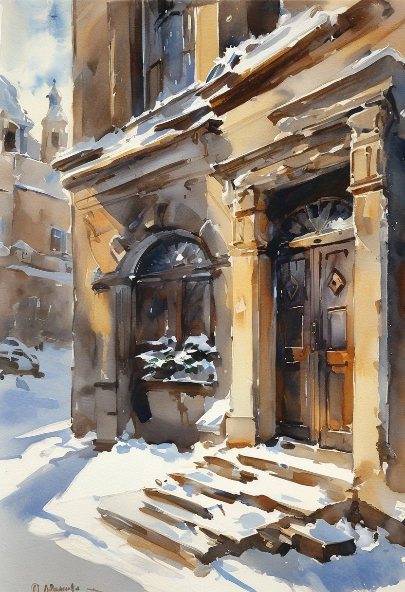 (Watercolor painting in Sargent style)、(best quality、masterpiece) Winter sunlight and snow , Old building, Elegant and old-fashioned , A bit worse ,