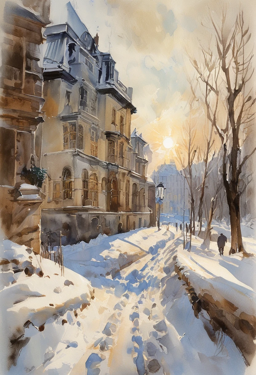 (Watercolor painting in Sargent style)、(best quality、masterpiece) Winter sunlight and snow , Old building, Elegant and old-fashioned , A bit worse ,